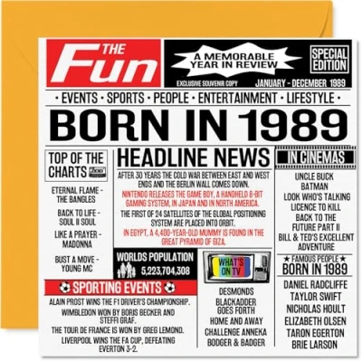 Bild av 35:e födelsedagskort för män kvinnor född 1989 tidning Happy 35 bror syster vänner vintage retro tillbaka 1989, 145 mm x trettiofem trettiofem:e födelsedag