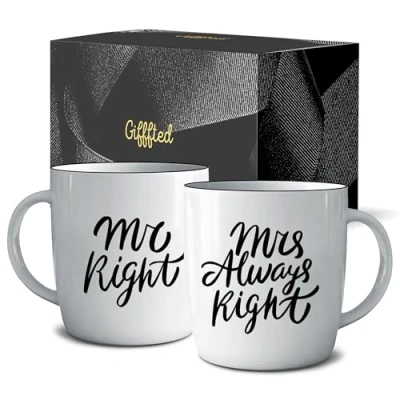 Bild av Gifffted Mr Right Mrs Always Mugs, unik bröllopsgåva för paret, gåvor förlovning, födelsedag, brud och brudgum, julklappar, kaffeuppsättningar, originella par koppar