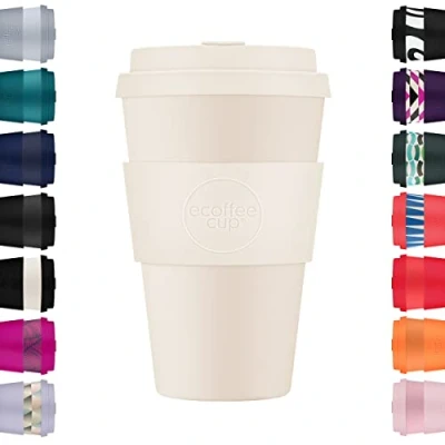 Bild av Ecoffee Cup 400 ml återanvändbar miljövänlig 100 % växtbaserad kaffekopp med silikonlock och ärm melaminfri biologiskt nedbrytbar diskmaskin/mikrovågsugn säker resemugg, Waicara