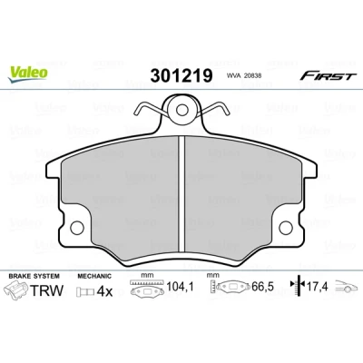 Bild av VALEO 301219 Jeu de plaquettes frein FIRST Essieu avant contact signal d&#039;usure inclus sans tôle anti bruit FIAT: Tempra SW, Punto I 3/5 portes