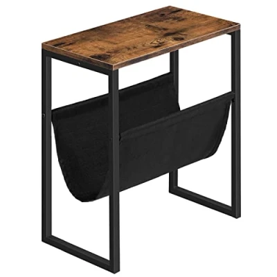 Bild av HOOBRO Smal sidobord, svart metallram sängbord, med förvaringsficka för tidskrifter, begränsat utrymme, vardagsrum, sovrum, kontor, modern stil, vintage brun EUBF66BZ01