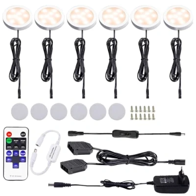 Bild av AIBOO trådlös LED ljuskälla? Bakre under skåp Belysning dimbar med RF kontroll, EU kontakt, fördelarkontakt och 6 st (inklusive) 12 V Puck Lighter, totalt W, f?ryn?Sovrum, Warmweiß