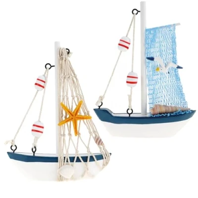 Bild av COM FOUR® Maritimt dekorativt fartyg av trä fiskebåt med fiskenät och snäckor träfartyg för dekoration nautisk dekorativ segelbåt (02 stycken 13cm)