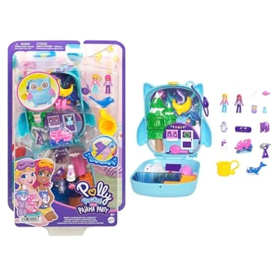 Bild av POLLY POCKET Pyjamas Party Snow Owl Lekset med vattenkul och 2 delar färgskiftande effekt, bärrem för skojs skull på språng, barn från 4 år uppåt, HKV37