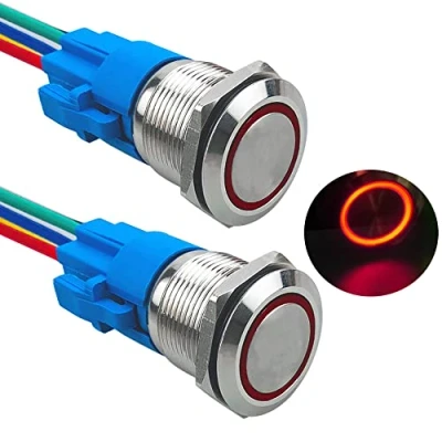 Bild av Aiqeer 2 stycken 19 mm Momentant Button Switchar, 12V / 24V 5A Röd LED knappbrytare, Vattentät Metallisk Tryckknappsbrytare, med Förjusterad Plug