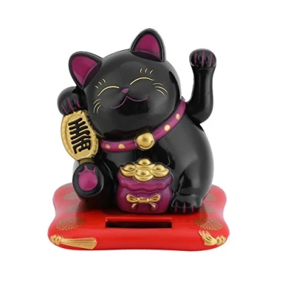 Bild av Haofy Maneki Neko soldriven, lyckopengar, kattdekor, härliga statyer för bil/hem/kontor (svart)