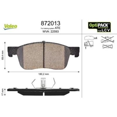 Bild av VALEO 872013 Jeu de plaquettes frein Essieu avant contact signal d&#039;usure exclu sans kit vis fixation, pour conditions d’usage difficiles