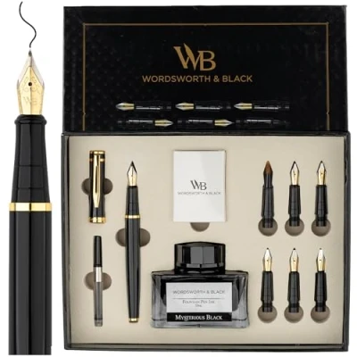 Bild av Wordsworth &amp; Black Kalligrafipenna presentset, inkluderar bläckflaska, 6 bläckpatroner, bläckpåfyllningsomvandlare, ersättningsspetsar, premiumpaket, journalföring, smidiga skrivpennor [svart guld