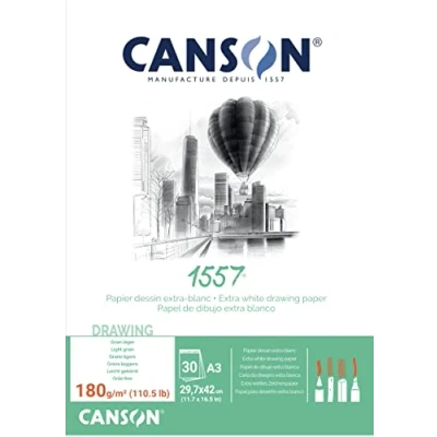 Bild av CANSON 1557 extra vitt 120 gsm A3 skisspapper, ljuskorn, 30 ark, perfekt för professionella konstnärer och illustratörer