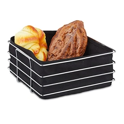 Bild av Relaxdays Brödkorg metall, med tyginsats, modern brödkorg, frukostkorg rostfritt stål, HBT 10,5 x 23 cm, svart