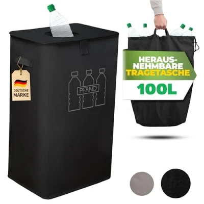 Bild av COTTARA® Pandflaskor, samlingsbehållare med lock och bärväska Pandbehållare inkast Perfekt som pantflaskor, behållare, flasksamlare tom behållare för kök (svart)