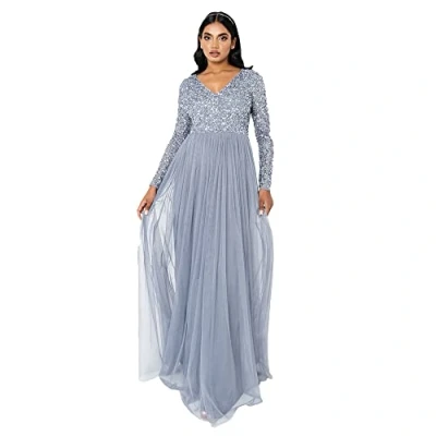 Bild av Maya Deluxe dam klänning ärm för bröllop gäst V hals hög empire midja maxi lång längd kväll bridesmaid bal klänning, Dammblå, 36