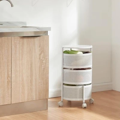 Bild av [en.casa] Rullvagn, stigning med 3 nivåer kökshylla hjul, serveringsvagnar av stål, utfällbara korgar, hylla för kök, badrum 59,5 x Ø 33 cm, vit