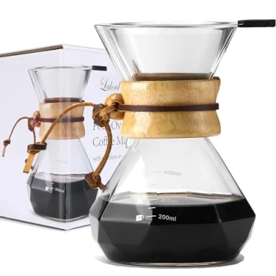 Bild av Lalord Häll över kaffebryggare med rostfritt stålfilter, borosilikatglas kaffekaraff, modern träkrage, kaffebryggarkaraff, rymmer 2 koppar, 400 ml/14 uns, klar