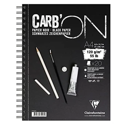 Bild av Clairefontaine 975043C Ritblock Carb&#039;On (120 g, perfekt för torrtekniker, DIN A4 21 x 29,7 cm, dubbel spiralbindning, 20 ark) svart
