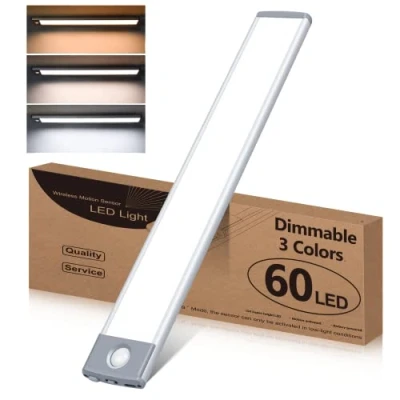 Bild av HIBOITEC 60 LED garderob 3 färgtemperaturer steglös dimning, rörelsesensor lampor inomhus, USB laddningsbar under skåp garderobsbelysning, ljus stick på kök trappor hall
