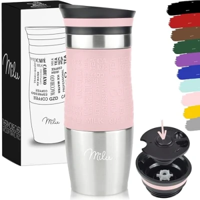 Bild av Milu termomugg 370ml 450ml isolerad mugg kaffe to go 100% läckagesäker dricksmugg av rostfritt stål bilmugg dubbelväggig isolering resemugg (Rosa, 370ml)