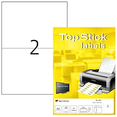 Bild av TopStick 8411 universella etiketter A4 stora (210 x 148 mm, 25 ark, papper, matt) självhäftande, utskrivbara, permanenta adressetiketter, 50 klistermärken, vit