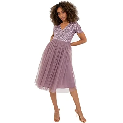 Bild av Maya Deluxe Utsmyckad midi aftonklänning för damer, V ringad med kort ärm, bal, bröllop, brudtärna, Moody Lilac, 32 SE