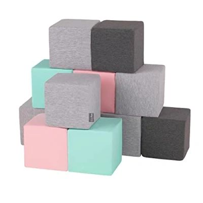 Bild av KiddyMoon Skumkub 14 cm, mjuka block, 12 stycken för barn, byggstenar UE, block: Ljusgrå mörkgrå rosa mint