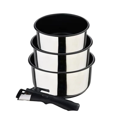 Bild av SET 4PZS CAZO (1.5L 16X8.0CM + 2.1L 18X9.0CM 3.0L 20X10CM) ACERO INOX IND C/MANGO BAQUELITA DESMONTABLE CLICK &amp; COOK BG