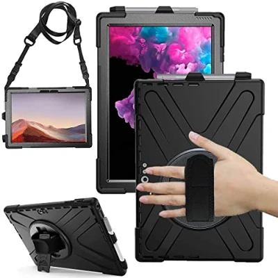 Bild av TECHGEAR X fodral passar Microsoft Surface Pro 7/7 Plus 6 5 4 12 tum tuff robust kraftig rustning stöttåligt implem med 360 roterande stativ, handrem och axelrem svart