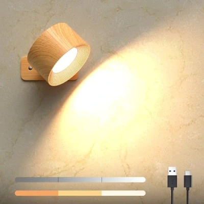 Bild av LED vägglampa inomhus 1 styck, batterivägglampa batteridriven med strömbrytare, 360 vridbar USB uppladdningsbar magnetisk halllampa, för sovrum vardagsrum trappor (träådring)