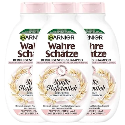 Bild av Garnier True Treasures Lugnande schampo mild havremjölk för känsligt hår och känslig hårbotten, 3 x 250 ml