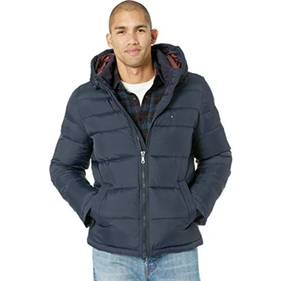 Bild av Tommy Hilfiger herr klassisk pufferjacka med huva (standard och stor lång) dun alternativ ytterkläder rock, Midnatt, XL