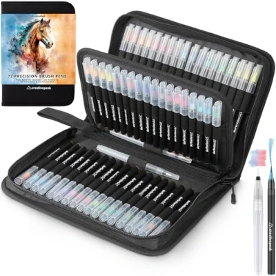 Bild av Watercolour Brush Pens, 72 Vibrant Soft Tip Colouring Markers w/ 4 Blending Brushes, Pen Set for Calligraphy &amp; Lettering by CreativePeak.
