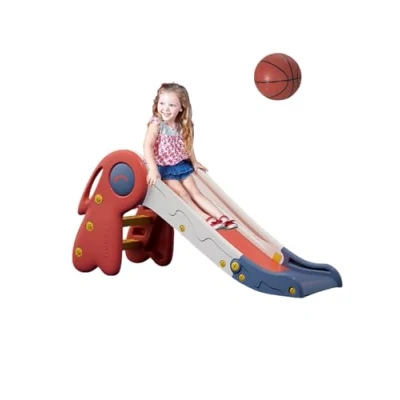Bild av Hopfällbar Barnrutschkana, Barnrutschkana med Utomhus och Inomhusramp för Trädgård Basketkorg, Halkfria Trappor Spel, Multifunktion, Säker. Röd