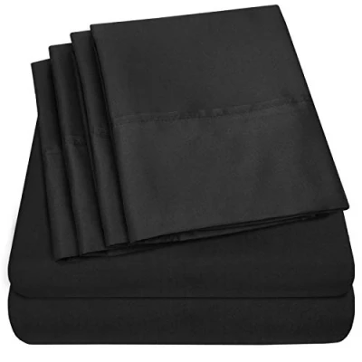 Bild av king Size sänglakan 6 delar, 1500 Supreme kollektionen, fin, borstad mikrofiber, djupa fickor, lakanset, sängkläder 2 extra örngott, king, svart
