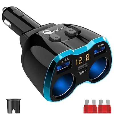 Bild av USB C Billaddare Cigarettändare Splitter, Qidoe 80 W 2 uttag 12 V/24 V Bilströmadapter Med 5,8 A Dubbel för GPS, Dashcamera SatNav, lPhone, lPad, Android etc