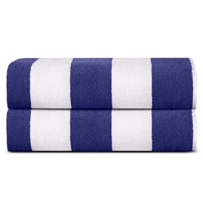 Bild av SweetNeedle strandhanddukar för vuxna paket med 2 kungsblå vit cabana randig klassisk 100 % bomullsfrotté ringspunnen poolhandduk, snabbtorkande, superabsorberande stor badhandduk, x 150 cm
