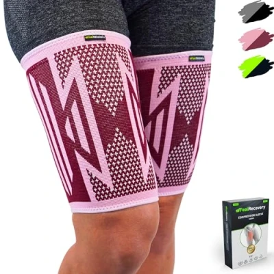 Bild av 2 Paket Lårskydd för Män &amp; Kvinnor Sport Lårsleeves med Kompression Muskelbristning Lårmuskeln Elastiskt Lårstöd Löpning Andningsbar Halkfri (Bordeaux, L)