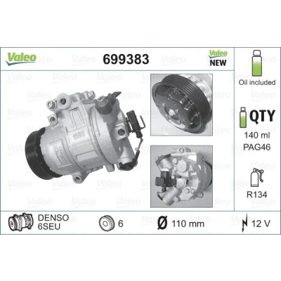 Bild av VALEO NEW ORIGINAL PART 699383 compresseur De Climatisation 6SEU12 12 PAG 46 R 134a avec huile VOLKSWAGEN: Polo IV 3/5 portes