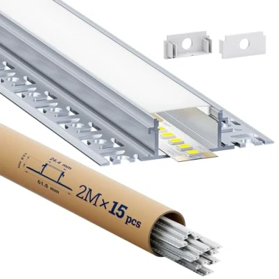 Bild av HOOLED 15 x LED aluminium profil 2 m totalt 30 m, med matt ogenomskinligt PC lock, storlekar 24,4 mm 13,8 ribbor 61,8 mm, stöder remsor en bredd mindre än eller lika 20 SP45