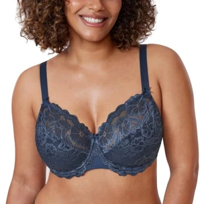 Bild av Delimira Dam full täckning icke skum blommig spets plus size bygel bh, Sargasso, 100E