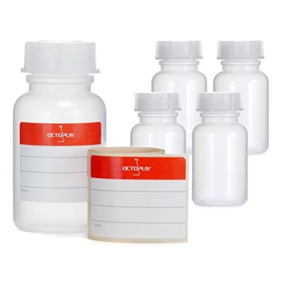 Bild av Octopus 5x 100 ml flaskor med bred hals av LDPE skruvlock, tomma kemiska flaskor, laboratorieflaskor lock som förvaringsbehållare för laboratorium, kök eller hobby