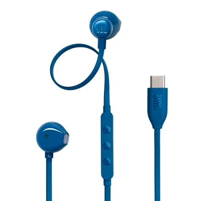 Bild av JBL Tune 305 C Trådanslutna In ear hörlurar med Hi Res certifierad ljud, fjärrkontroll 3 knappar och mikrofon, platt trasselfri kabel, blå