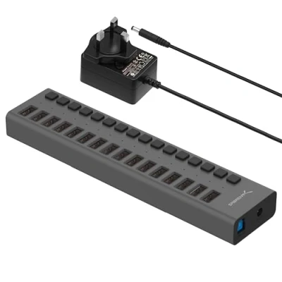 Bild av Sabren driven USB hub, 16 portars 90 W 3.2 x 1 dockningsstation, multienhet snabb datahub, LED på/av brytare, monteringsfäste ingår (HB PU16)