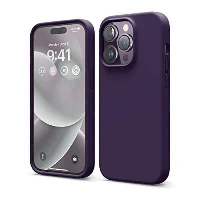 Bild av elago Kompatibel med iPhone 14 Pro fodral, flytande silikonfodral, heltäckande skyddsfodral, stötsäkert, smalt telefonfodral, reptåligt mjukt mikrofiberfoder, 6,1 tum (mörklila)