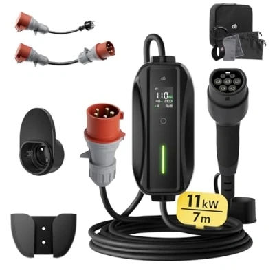 Bild av Mobil laddbox/laddstation 11kW [3 fas 7 m 6 16 A] med basadapterset, laddkabel CEE 16A till Typ 2 och EV laddare för Model Y/3, ID.3/4/5, MG4, EX30, e up, tron, Zoe andra elbilar