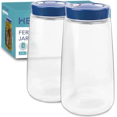 Bild av HEFTMAN Jäsningsburk med 1 vägs luftutsläppsventil 2,2 liter, 2 pack perfekt för säker jäsning Kefir, kimchi, surkål, surdegsstartare, havre över natten jäsningsburkar x (blå)
