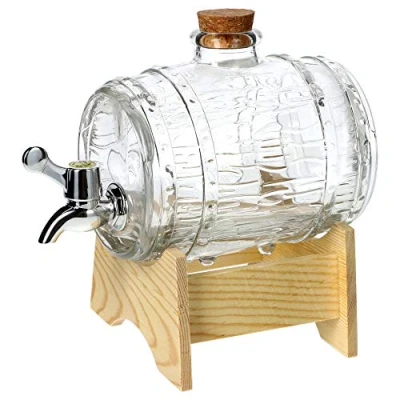Bild av KADAX tunna med tappkran, tunnformad dryckesdispenser av glas 13 l, transparent dispenser träunderlägg, alkoholdispenser, perfekt för whisky, konjak, juice, lemonad (1 l)