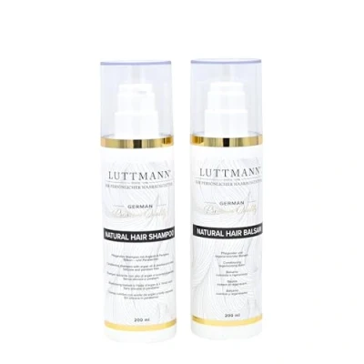 Bild av LUTTMAN® Natural Hair Shampoo + Balm Set 200 ml vardera peruker hårersättning intensiv vård för med äkta hår, hårstycken samt förlängningar och hårförlängningar