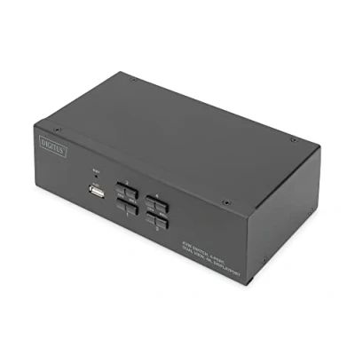 Bild av DIGITUS KVM Switch DisplayPort 4 portar med dubbla skärmar PC 2 monitorer 1x mus, tangentbord och ljud för datorer UHD 4K@60Hz (3840 x 2160p) Hot Key USB 2.0 Hub Svart
