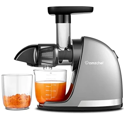 Bild av AMZCHEF kallpressande slowjuicemaskin masticerande elektrisk fruktpress för grönsaker och frukt finfördelad tuggning utan filter juicepress med 2 koppar borste Silver