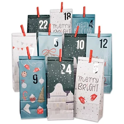 Bild av Papierdrachen Adventskalender för fyllning 24 blå tryckta presentpåsar och nummerklistermärken klämmor motiv julblått pyssel present jul