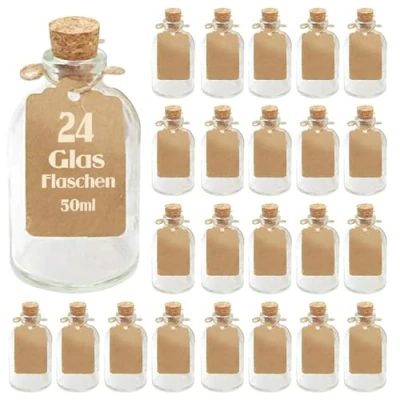 Bild av Casavetro klart Kork tomma glasflaskor 50 ml återanvändbara påfyllningsbara cap lufttätt för Sloe Gin olja vinäger öl Vincider Vodka Soda och vatten (24 x ml)